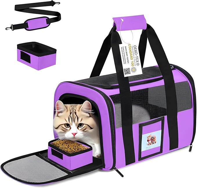 Cat Carrier Pet Carriers Airline Approved for Small Dogs Kitten Carrier for Small Medium Animals Under 15lb, Collapsible Soft Sided Travel Carrier, Purple