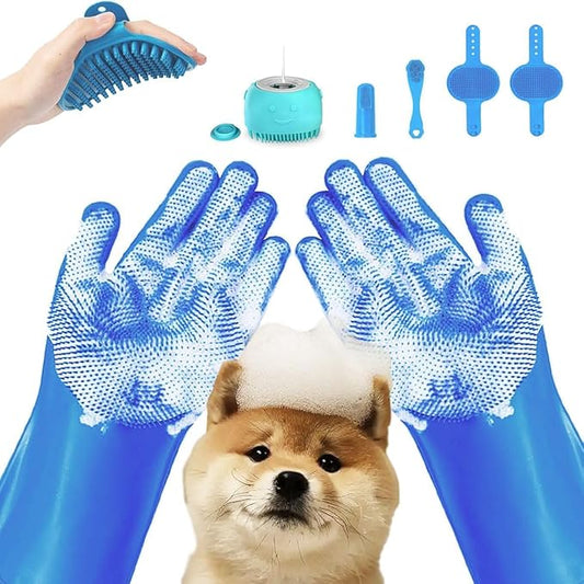 7-in-1 Pet Grooming Kit Dog Washing Gloves and Bath Brush Cat Shampoo Brush & Dog Toothbrush with Silicone Massage Bristles & Bubbler (Blue)