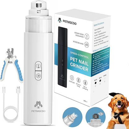 Dog Nail Grinder & Upgrade Professional with 3-Speed Adjustment Super-Quiet and Low-Vibration Pet Nail Trimmers with Forward and Reverse Functions - Safe Pause Button Wireless Type-C Charging (White)