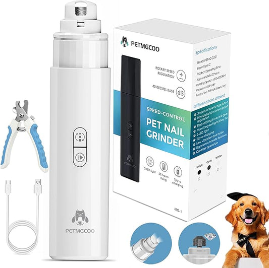Dog Nail Grinder & Upgrade Professional with 3-Speed Adjustment Super-Quiet and Low-Vibration Pet Nail Trimmers with Forward and Reverse Functions - Safe Pause Button Wireless Type-C Charging (White)