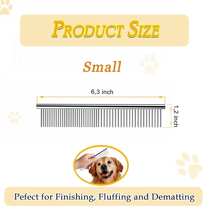 Dog Comb and Cat Combs Stainless Steel Teeth, Grooming Tool for Long & Short Hair, Dematting Comb for Dogs, Removes Tangles & Knots (Small Silver)