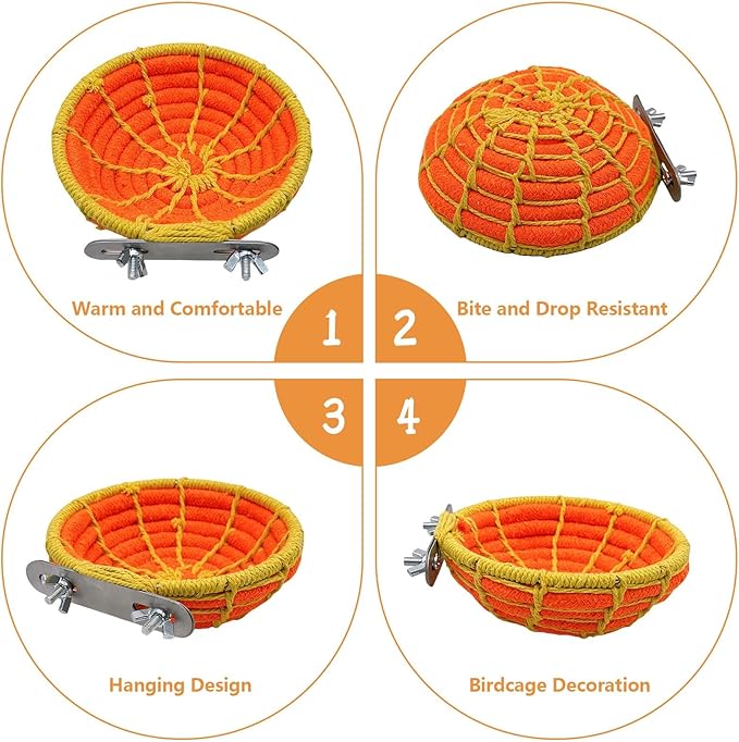 Bird Nest for Cage,Parrot Breeding Nest,Handwoven Cotton Rope Parakeet Bed,Canary Nesting House for Budgie,Finch,Cockatiel,Conure,Lovebird, Small Birds,Orange&Yellow