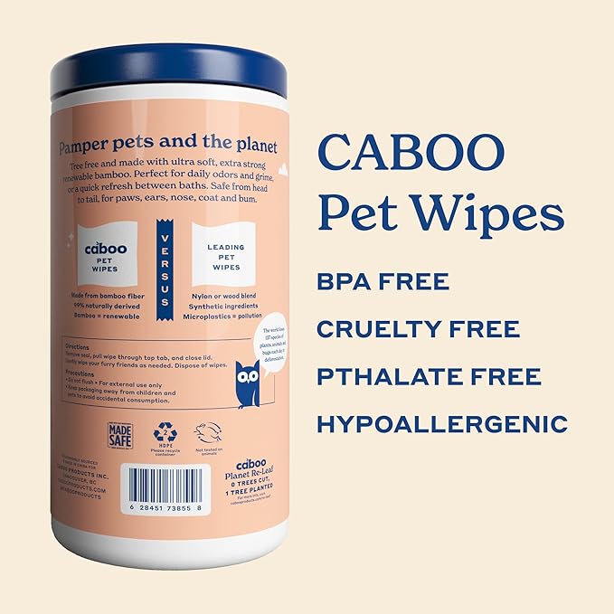 Caboo Tree Free Pet Wipes for Dogs & Cats, Natural, Deodorizing, Hypoallergenic Cleaning Wipes for Eyes, Ears, Paws, & Face (Unscented, 2 Canisters, Total of 140 Jumbo Wipe)