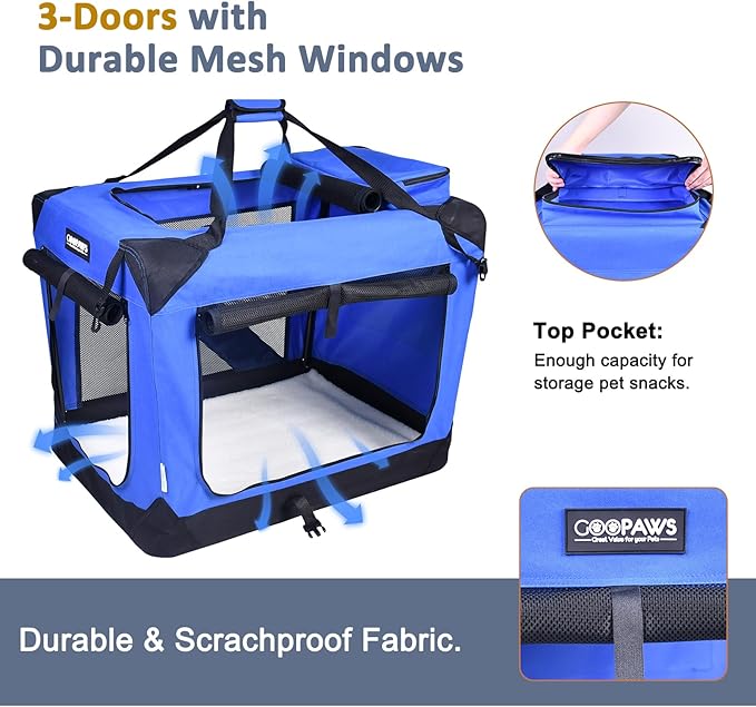 JESPET 30'' Soft Pet Crates Kennel, 3 Door Soft Sided Folding Travel Pet Carrier with Straps and Fleece Mat for Dogs, Cats, Indoor/Outdoor Use with Black