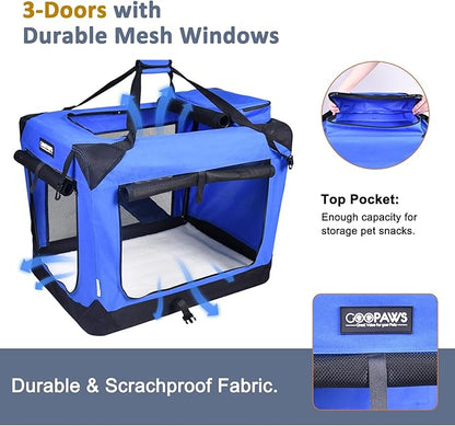 JESPET 30'' Soft Pet Crates Kennel, 3 Door Soft Sided Folding Travel Pet Carrier with Straps and Fleece Mat for Dogs, Cats, Indoor/Outdoor Use with Black