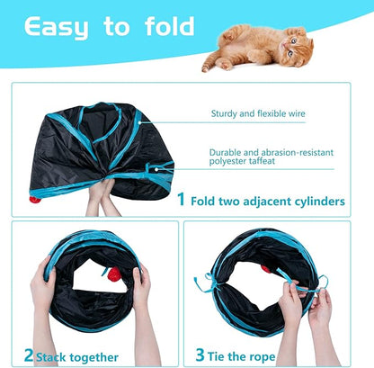 Sheldamy Cat Tunnel, 2-Way Collapsible Play Tunnel, Interactive Toy Maze for Small Animals, Suitable for Kittens, Puppies, Rabbits, Ferrets, Blue & Black
