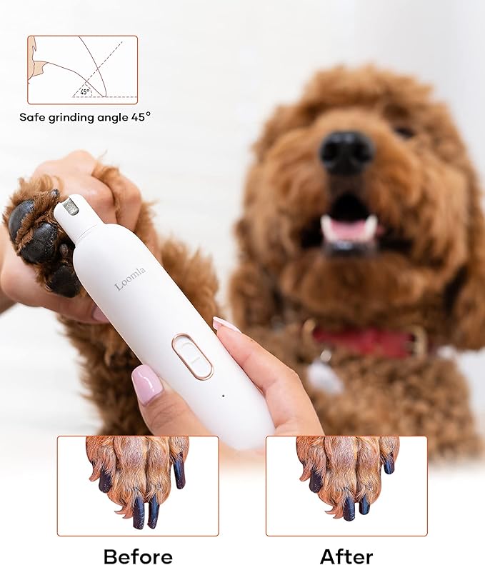 Loomla Dog Nail Grinder Upgraded - Professional 2 Speed Dog Nail Trimmers with Low Noise, USB Rechargeable Pet Nail Grinder, Paws Grooming and Smoothing for Dogs, Cats and Small Animals, White