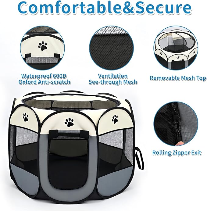 Dog Play Pen Portable Cat House Easy Assemble Pet Indoor/Outdoor Security Cage Grey-L