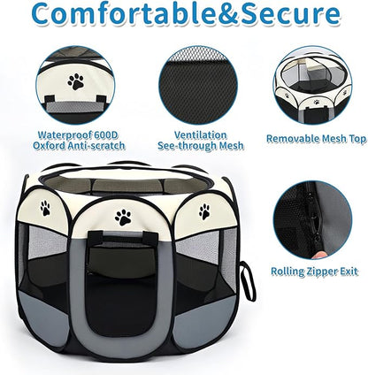 Dog Play Pen Portable Cat House Easy Assemble Pet Indoor/Outdoor Security Cage Brown-M