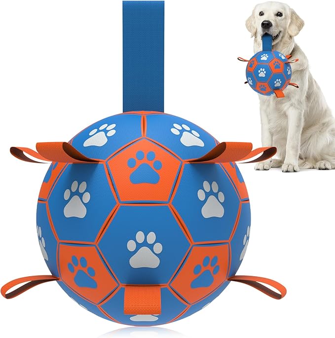 QDAN Dog Ropes Toys Soccer Ball with Straps, Interactive Dog Toys for Tug of War, Puppy Birthday Gifts, Dog Tug Toy, Dog Water Toy, Durable Dog Balls for Medium & Large Dogs- Blue&Orange(8 Inch)