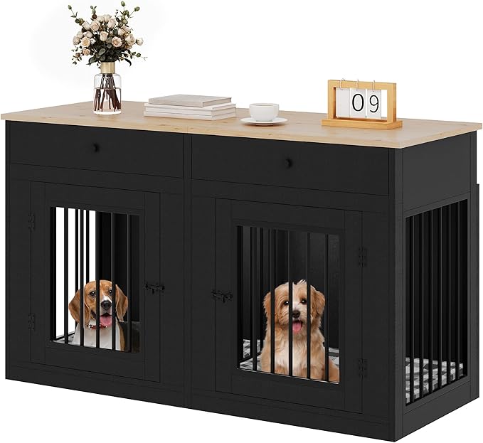 YITAHOME 60" Wooden Dog Crate Furniture with Removable Divider & Storage Drawers, Double Door Kennel with Locks for Medium and Large Dogs, Multi-Functional Dog Crate End Table for Indoor use, Black