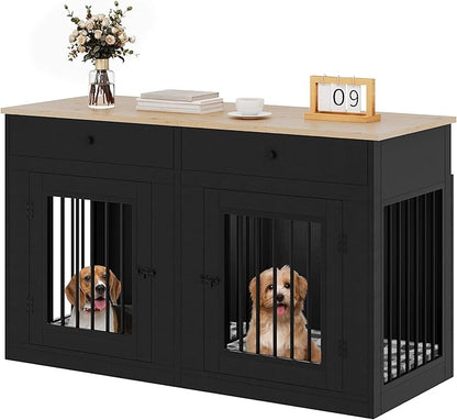 YITAHOME 60" Wooden Dog Crate Furniture with Removable Divider & Storage Drawers, Double Door Kennel with Locks for Medium and Large Dogs, Multi-Functional Dog Crate End Table for Indoor use, Black