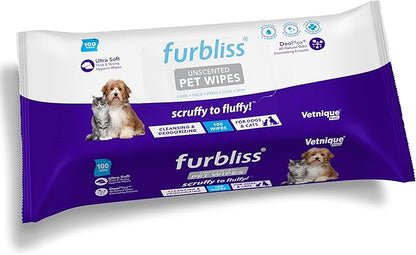 Vetnique Labs Furbliss Hygienic Pet Wipes for Dogs & Cats, Cleansing Grooming & Deodorizing Hypoallergenic Thick Wipes with All Natural Deoplex Deodorizer (Unscented, 100ct Pouch)