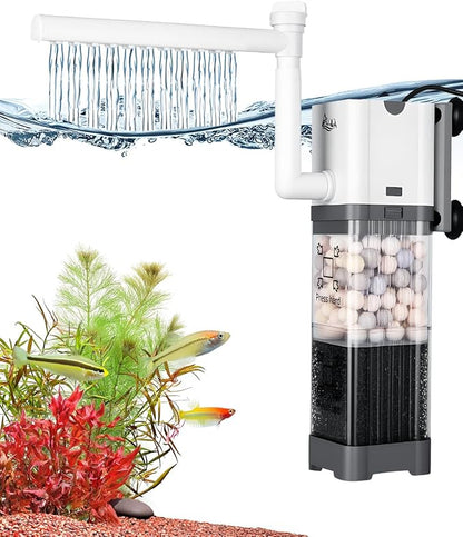 AQQA Aquarium Filter, Power Fish Tank Filter with Rainshower Pipe Adjustable Water Flow, Ultra Silent Biochemical Quartz Balls&Physical Sponge Double Filtration for Fish Tank 20-35 Gallon (6W-145GPH)