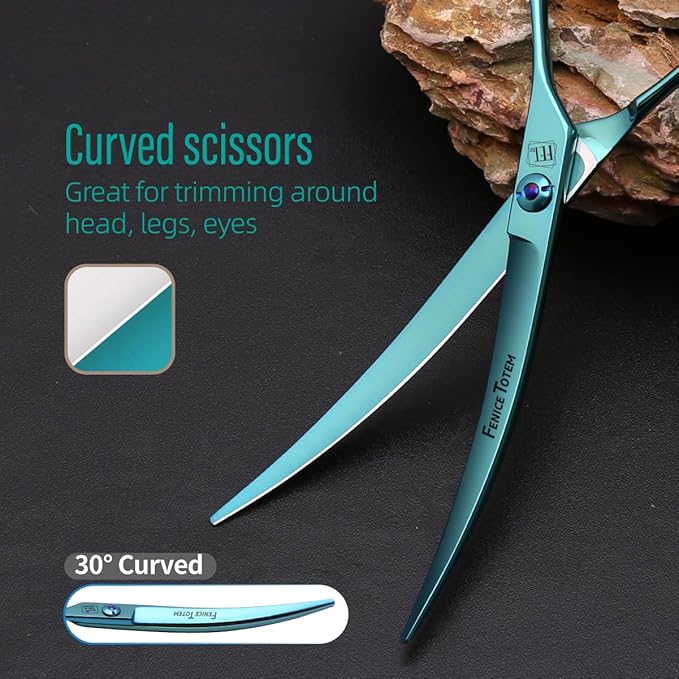 Dog Grooming Scissors: Blueish Green 7 inch Professional Pet Curved Shears Made Of Japanese 440C Advanced Stainless Steel for Dogs Cats and Other Pets