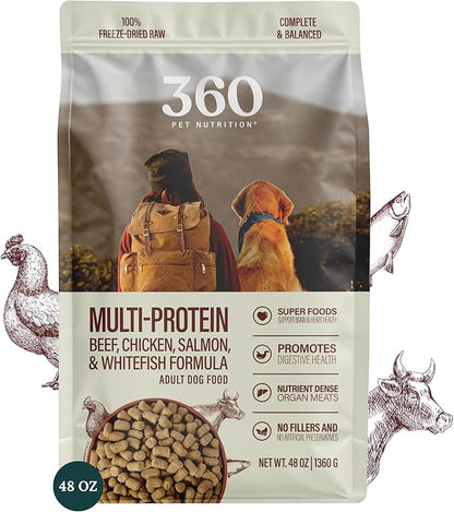 360 Pet Nutrition Freeze-Dried Raw Dog Food – Multi-Protein with Beef, Chicken, Fish, Liver & Organs, High Protein, Omega-3s, Fruits, Veggies & Superfoods, Grain-Free, No Fillers, 3 lb – Made in USA