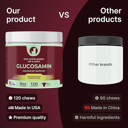 Hip & Joint Supplement for Dogs – Mobility Support with Glucosamine, Chondroitin, MSM, Turmeric, Mussel, Hemp Dog Joint Pain Relief – 120 Soft Chews for Large, Medium, Small Dogs Breeds– Beef Flavor