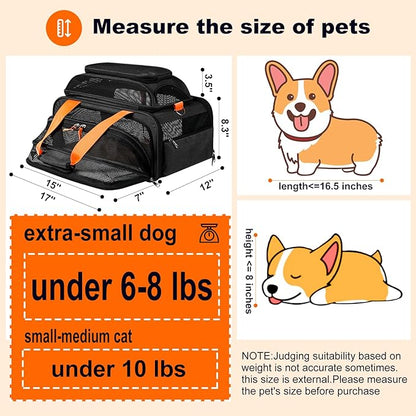 17x12x8.3 TSA Approved Expandable pet Carrier for Extra-Small Dog Under 6-8 lbs,Small-Medium cat Under 10 lbs,for jetblue and Other Airlines only Have 8.5'' Height Space underseat