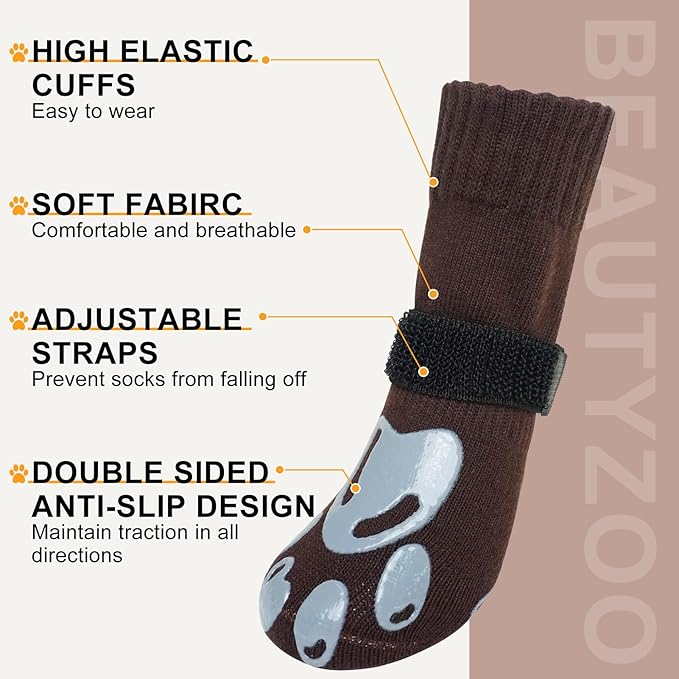 BEAUTYZOO Dog Socks, Non Slip Dog Socks to Prevent Licking Paws -Dog Shoes for Hot/Cold Pavement, Dog Boots & Paw Protectors, Dog Booties for Hardwood Floors, Small Medium Large Senior Dogs