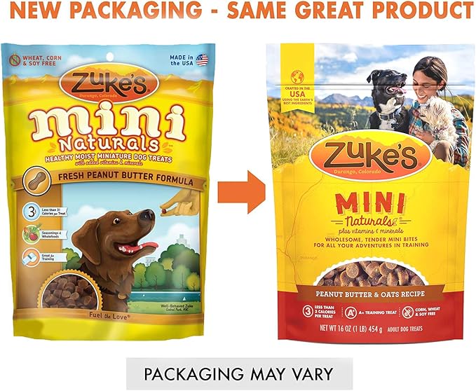 (2 Pack) Zuke Mini Naturals Dog Treats Peanut Butter 16 oz (1 Lb) - Zukes Soft & Chewy Training Treats - with 10ct Wipes
