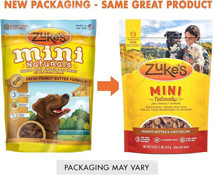 (2 Pack) Zuke Mini Naturals Dog Treats Peanut Butter 16 oz (1 Lb) - Zukes Soft & Chewy Training Treats - with 10ct Wipes