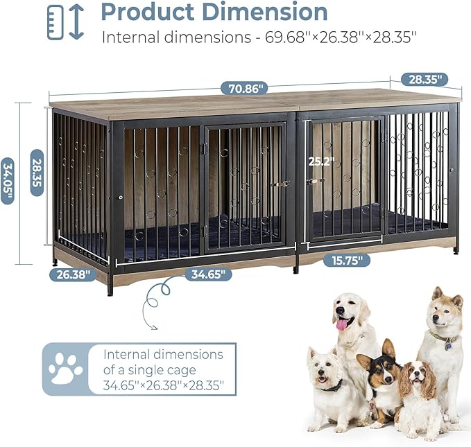71'' Dog Crate Furniture for 2 Dogs, Wooden Double Dog Crate Large Breed with Door, XXL Indoor Dog Kennel TV Stand End Table with Divider for Large Medium Dogs, Grey
