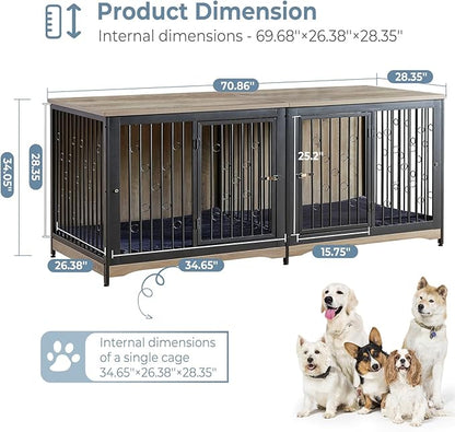 71'' Dog Crate Furniture for 2 Dogs, Wooden Double Dog Crate Large Breed with Door, XXL Indoor Dog Kennel TV Stand End Table with Divider for Large Medium Dogs, Grey