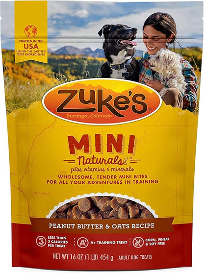 (2 Pack) Zuke Mini Naturals Dog Treats Peanut Butter 16 oz (1 Lb) - Zukes Soft & Chewy Training Treats - with 10ct Wipes