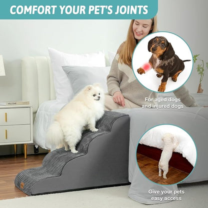 Dog Stairs for Small Dogs 19.7" H, Pet Step with Leakproof Cover, High Density Foam Cat Ramp for Bed, Couch or Sofa, Lightweight, Durable, Comfort, 15.7x28.3x19.7 inch, 4 Tiers, Dark Grey