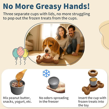Enrichment Dog Treat Toys - Frozen Dog Treat Dispensing Chew Toy for Aggressive Chewers to Keep Them Busy, Ice Cream Holder Freeze Bone with Mold Cups, Fillable Cognitive Licking Toy, Brown