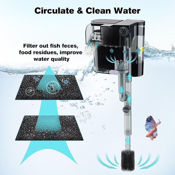 hygger Hang On Back Aquarium Filter, Small Fish Tank Filter Waterfall Filtration System, Adjustable Water Flow with Surface Skimmer, Replaceable Sponge Quiet Hanging Filter for Tank 10~20 Gal