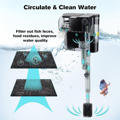 hygger Hang On Back Aquarium Filter, Small Fish Tank Filter Waterfall Filtration System, Adjustable Water Flow with Surface Skimmer, Replaceable Sponge Quiet Hanging Filter for Tank 10~20 Gal