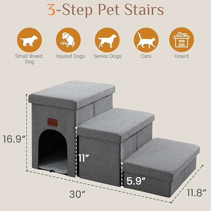 JOLLYVOGUE Dog Steps for Small Dogs, Cat Stairs with Storage, Non-Slip Dog Steps for Beds Couches, Foldable Pet Stairs Helper for High Beds, Dog Ramp for Small Cats, 3-Tiers, Hold Up to 200 lbs