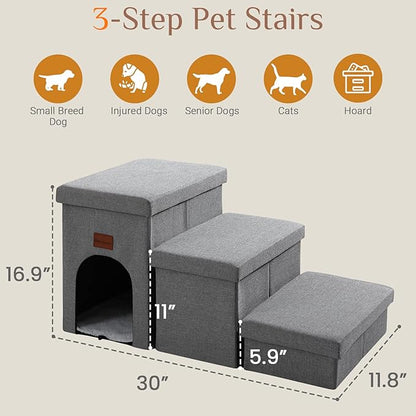 JOLLYVOGUE Dog Steps for Small Dogs, Cat Stairs with Storage, Non-Slip Dog Steps for Beds Couches, Foldable Pet Stairs Helper for High Beds, Dog Ramp for Small Cats, 3-Tiers, Hold Up to 200 lbs
