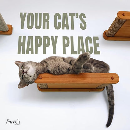 The Play Series – Wall-Mounted Cat Hammock & Two Sisal-Wrapped Shelves – Built for Climbing, Lounging, Scratching, and Play – for Playful, Happy Cats – Modern Bamboo Cat Furniture