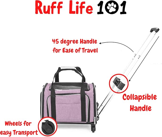 Airline Approved Expandable Premium Pet Carrier on Wheels- Two Sided Rolling Carrier- Designed for Dogs & Cats- Extra Spacious Soft Lined Carrier! - Pink (RL-PET-CARRIER-WHEELS)