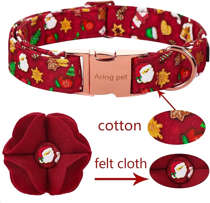 ARING PET Christmas Dog Collar-Girl Dog Collar with Felt Flowers, Cute Red Christmas Dog Collars Pet Collars with Metal Buckle