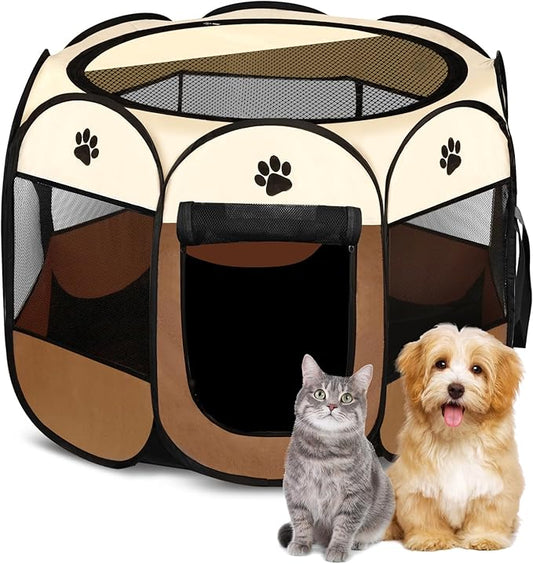 Pet Dog Puppy Playpen Dog Cat Tent Crates, Foldable Exercise Kennel Portable Playpen for Small Medium Dogs/Cats/Rabbits, Indoor Outdoor Travel Camping Use with Removable Zipper Top Brown