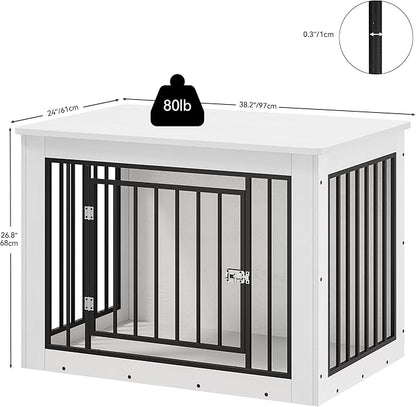 YITAHOME 38.2" L Dog Crate Furniture for Large Dogs, 2-in-1 Iron-Wood Fusion Dog cage Indoor up to 60 lb, Side End Table, Modern Dogs Kennel with Waterproof Top, Safety Corners,Steel Lock,White
