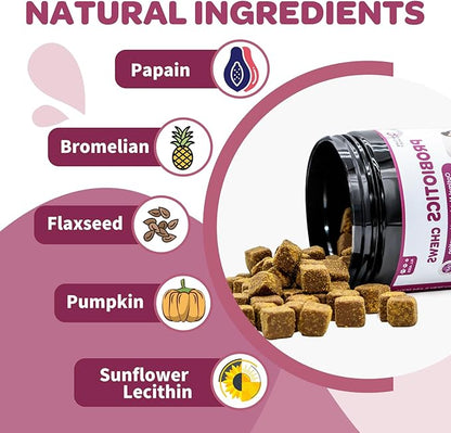 NATURE TARGET Probiotics for Dogs & Digestive Enzymes for Digestive Health - Plus Fish Oil & Vitamins Supplement for Allergies & Immune & Itchy Skin, 120 Chicken Flavor Probiotic Soft Chews