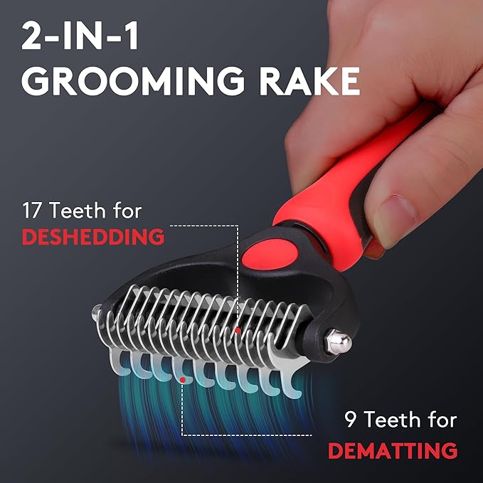 Tpotato Deshedding Dog Brush for Long Haired Dogs Cats,Undercoat Shedding Rake for Dematting Detangling Tangles Matted Fur and Knots,Free Pet Comb,Professional Pet Grooming Supplies Tool Kit,Red