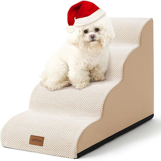 Dog Stairs for Small Dogs 19.7" H, Pet Step with Leakproof Cover, High Density Foam Cat Ramp for Bed, Couch or Sofa, Lightweight, Durable, Comfort, 15.7x28.3x19.7 inch, 4 Tiers, Beige