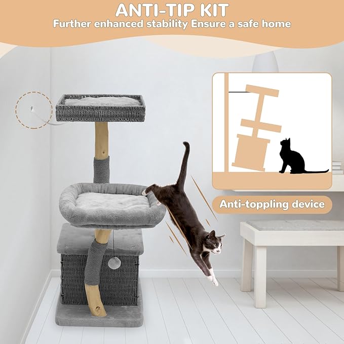 Modern Cat Tree for Large Cats - Multi-Level Wooden Tower with Scratching Posts, Large Jumping Platforms, Hanging Toy - Modern Luxury Cat Furniture for Indoor Cats-Grey