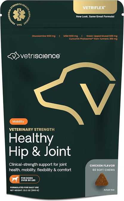 VETRISCIENCE Veterinary Strength Healthy Hip & Joint Chews - Joint Health Supplement for Dogs Over 60 Pounds - Supports Mobility & Flexibility in Large Dogs - 60 Count