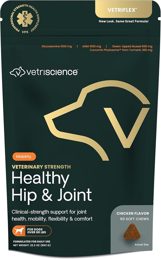VETRISCIENCE Veterinary Strength Healthy Hip & Joint Chews - Joint Health Supplement for Dogs Over 60 Pounds - Supports Mobility & Flexibility in Large Dogs - 60 Count