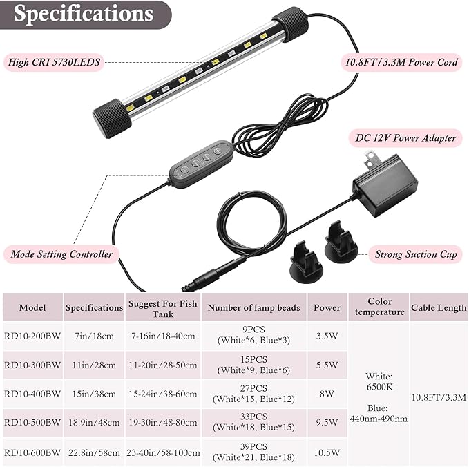 Dirvin 7inch Submersible Aquarium LED Light for Fish Tank, 24/7 Cycle Fish Tank Light with Timer, 9 LED Beads 3 Colors 3 Modes Brightness Adjustable, 3.5W