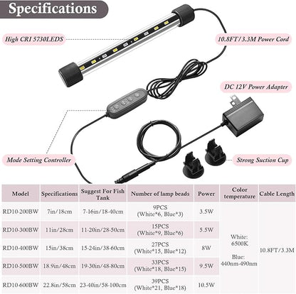 Dirvin 7inch Submersible Aquarium LED Light for Fish Tank, 24/7 Cycle Fish Tank Light with Timer, 9 LED Beads 3 Colors 3 Modes Brightness Adjustable, 3.5W