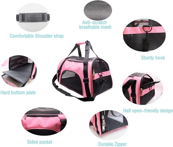 Cat Carrier,Soft-Sided Pet Travel Carrier for Cats,Dogs Puppy Comfort Portable Foldable Pet Bag Airline Approved (Medium-LightPink)