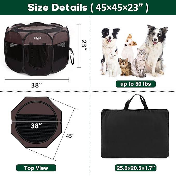 Love's cabin Pet Puppy Dog Playpen, Large Dog Tent Crates Cage Indoor/Outdoor, Portable Playpen for Dog and Cat, Foldable Pop Up Dog Kennel Playpen with Carring Case, Removable Zipper Top, Brown