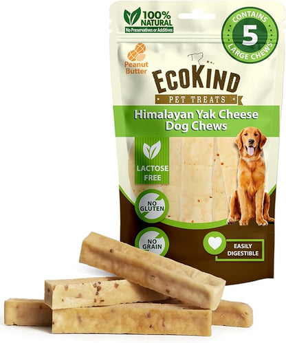 EcoKind Premium Gold Yak Cheese Himalayan Dog Chews, Dog Treats Large Breed, All Natural, High Protein Dog Chew, Peanut Butter, Large - 5 Chews